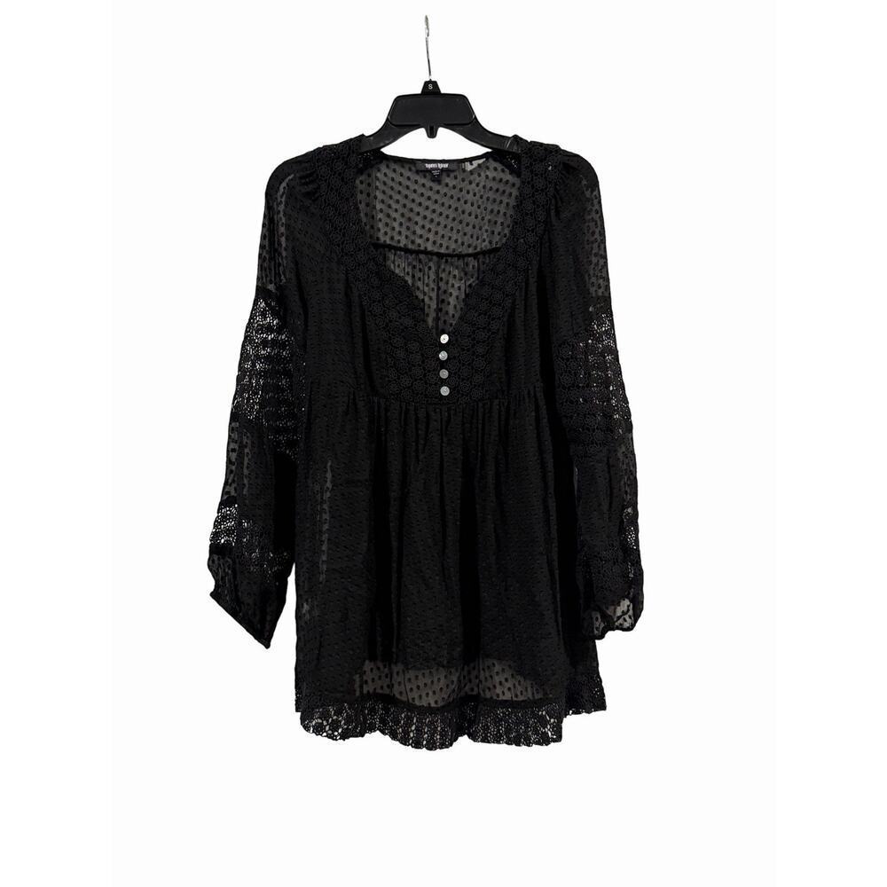 Daniel Rainn Women's Black Sheer Swiss Dot Crochet Peasant Tunic Top Size L